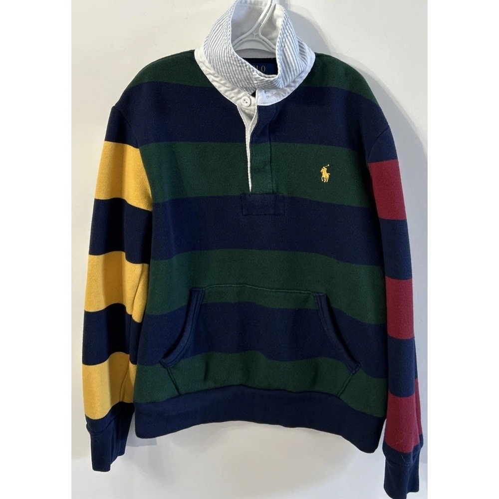 Boys Polo Ralph Lauren Colorblock Fleece Rugby SweatShirt Sz 10-12 Med Pocket